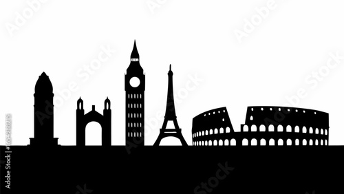 Silhouette of famous european landmarks including the colosseum eiffel tower and big ben in black and white art