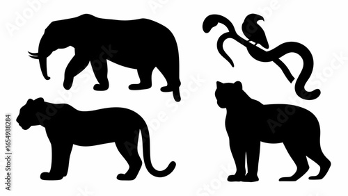 Silhouette illustration featuring an elephant, two panthers, and a bird perched on a branch design
