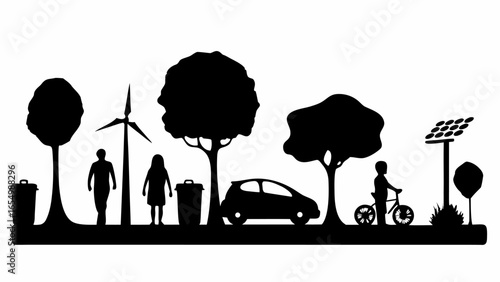 Silhouette of a sustainable environment with trees, people, car, and renewable energy sources in black