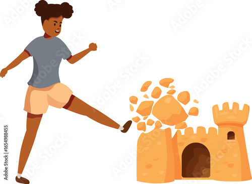 Young girl kicking down a sandcastle on the beach, enjoying summer vacation fun