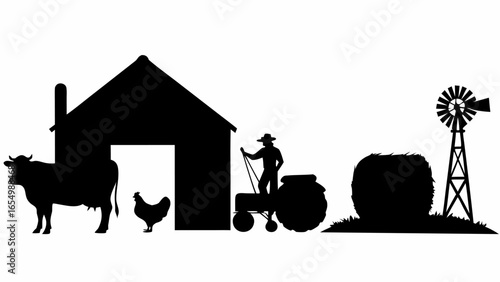 Silhouette of a farm scene with a barn cow chicken farmer tractor haystack and windmill in black and white