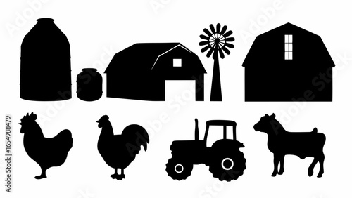Silhouette image of a farm scene featuring barns, animals, tractor, windmill, and storage containers