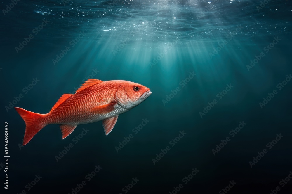 Obraz premium Red snapper swimming in ocean water with sunlight rays from above in a marine environment underwater view