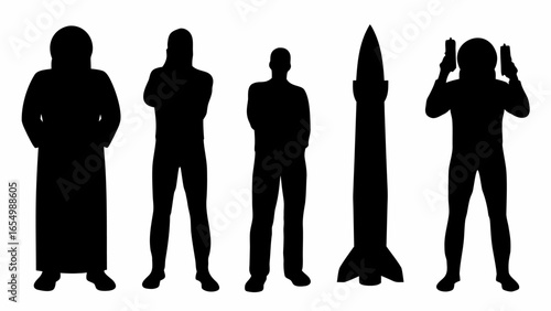 Silhouettes of people in various poses with a rocket standing tall in a stark black and white image