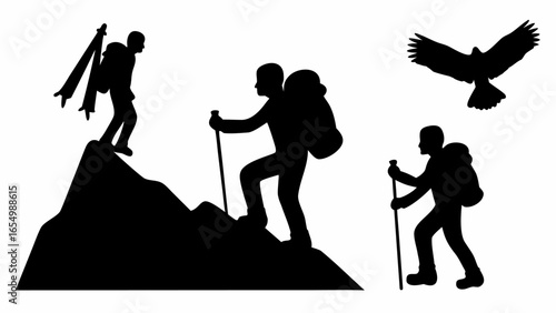 Silhouettes of hikers with backpacks climbing a mountain with an eagle flying above them in black and white