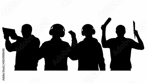 Silhouette of four people with various objects including a gun, a baton and a knife in their hands