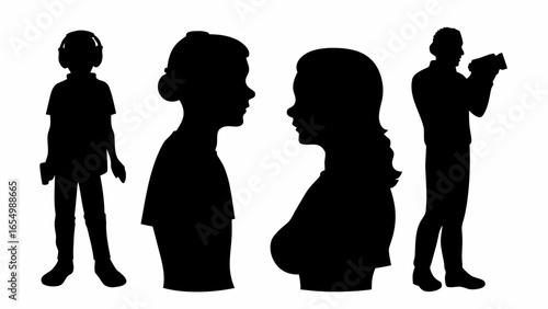 Silhouettes of four people including a child with headphones and a man with a video camera recorded scene