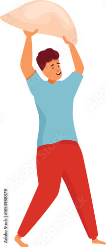 Young man wearing pajamas holding a pillow above his head, sleepwalking and going to bed