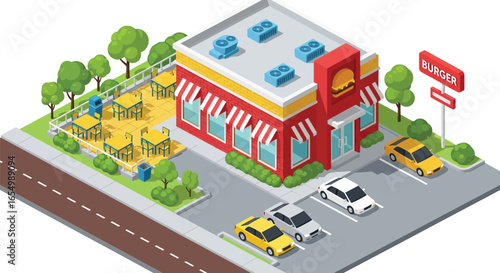 Isometric burger restaurant illustration with parking and patio
