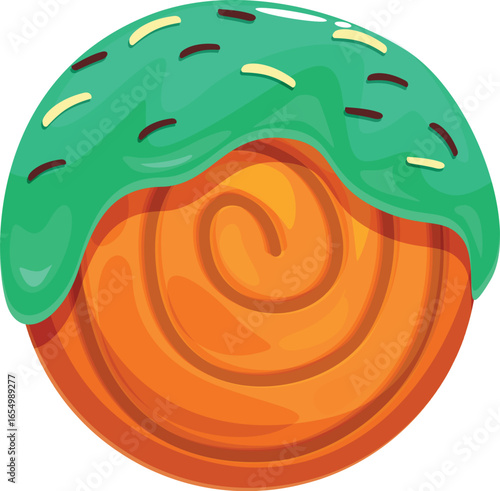Delicious round pastry with vibrant green icing and sprinkles, showcasing a beautiful spiral pattern