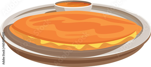Thin crispy pancake dosa served with sambar, a vegetable stew or chutney, on plate, south indian cuisine