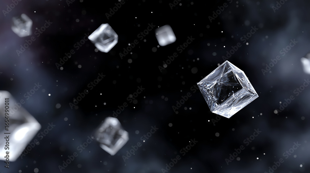 Obraz premium Floating ice cubes in space create a mesmerizing visual effect, highlighting the beauty of frozen elements in an infinite universe.