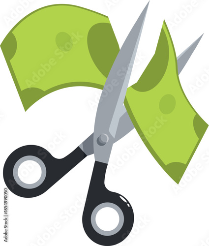 Scissors cutting a banknote in half, representing financial crisis, budget cuts, or inflation