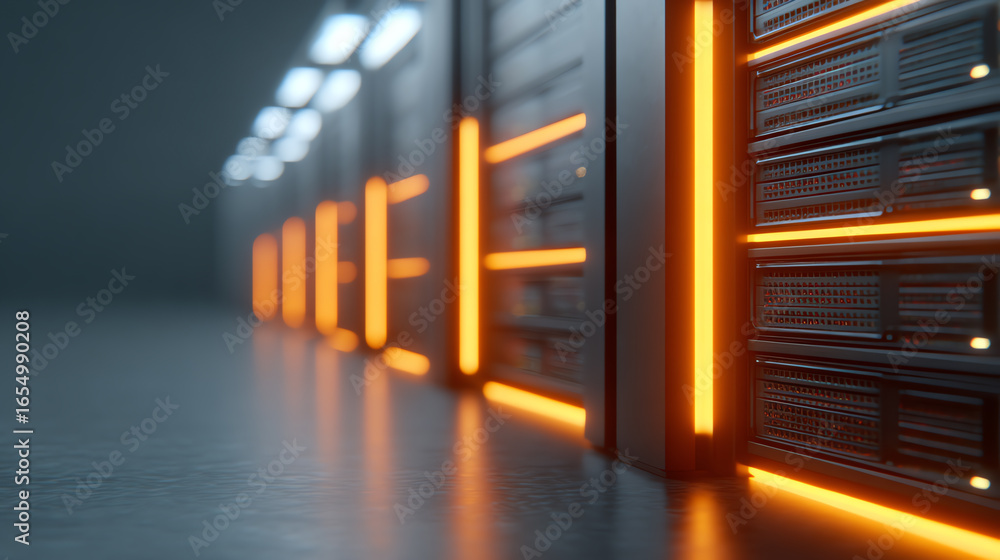 Obraz premium Modern data center interior with illuminated server racks, showcasing advanced technology and efficient design.
