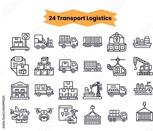 Vector art of set of 24 transport and logistics icons