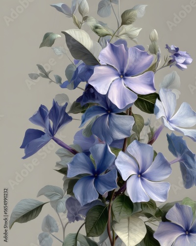 Periwinkle blossoms in full bloom close up botanical illustration in shades of blue and green for backgrounds and designs