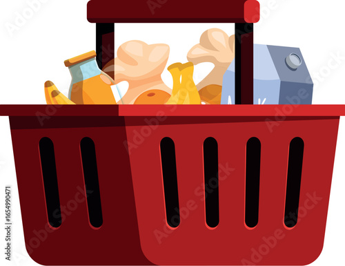 Red shopping basket full of groceries including bananas, milk, juice, bread, and more, representing consumerism and supermarket purchases