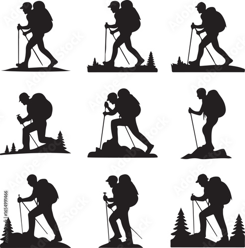 Silhouette collection of hikers with backpacks and trekking poles on white background hiking