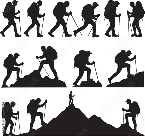 Group of black silhouettes of hikers with backpacks and trekking poles on white background hiking