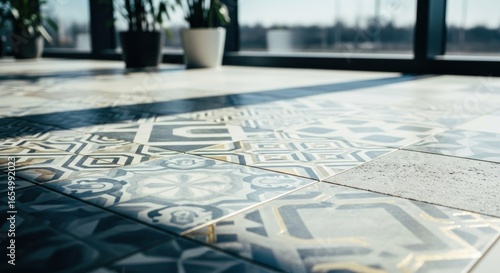 Interior floor with patterned tiles. Sunlight casts shadows