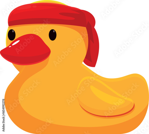 Cartoon illustration of a yellow rubber duck wearing a red headband, perfect for bath time play