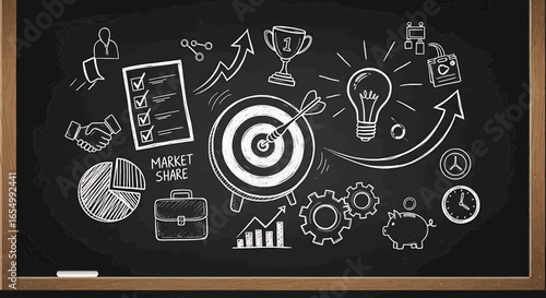 Chalkboard sketch illustrating a strategic business plan, blending creative ideas and marketing goals for success.