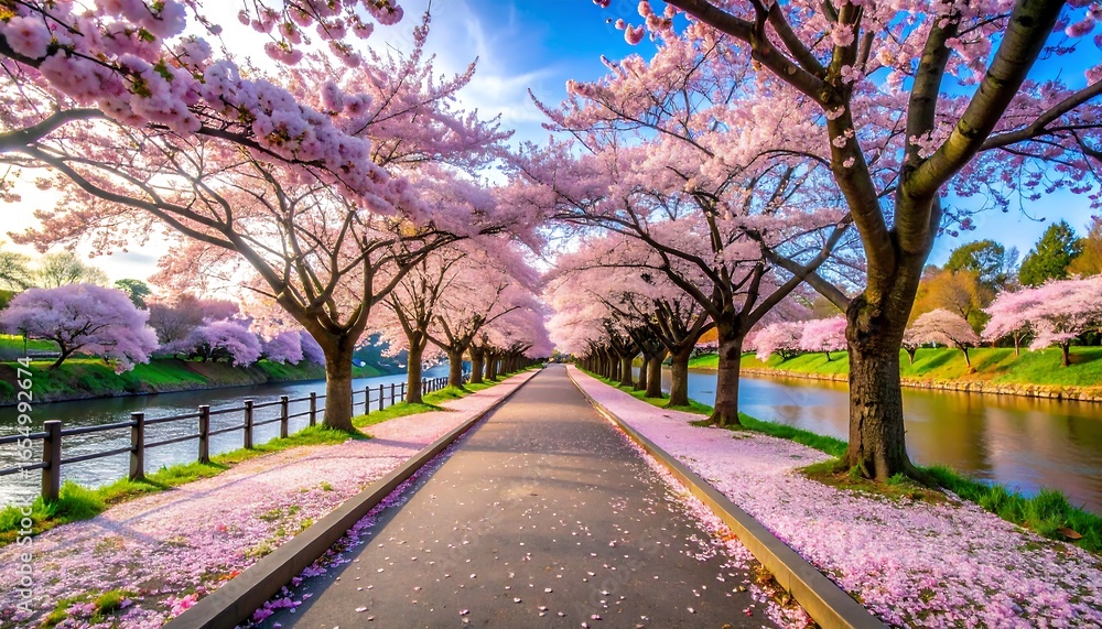Naklejka premium Cherry blossom trees line a path alongside a river in Japan, creating a beautiful and serene spring scene with fallen petals covering the ground.