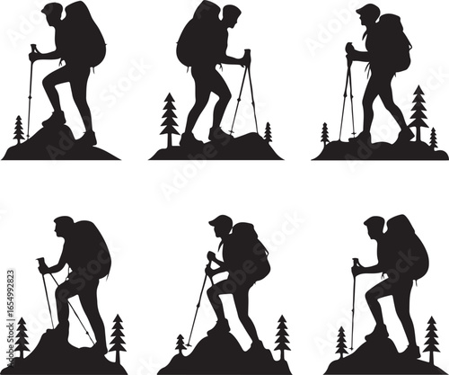 Six silhouettes of hikers with backpacks and trekking poles on mountain peaks hiking