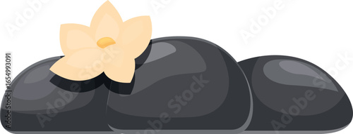 Smooth black spa stones with delicate flower evoke tranquility and peace, perfect for promoting wellness and relaxation