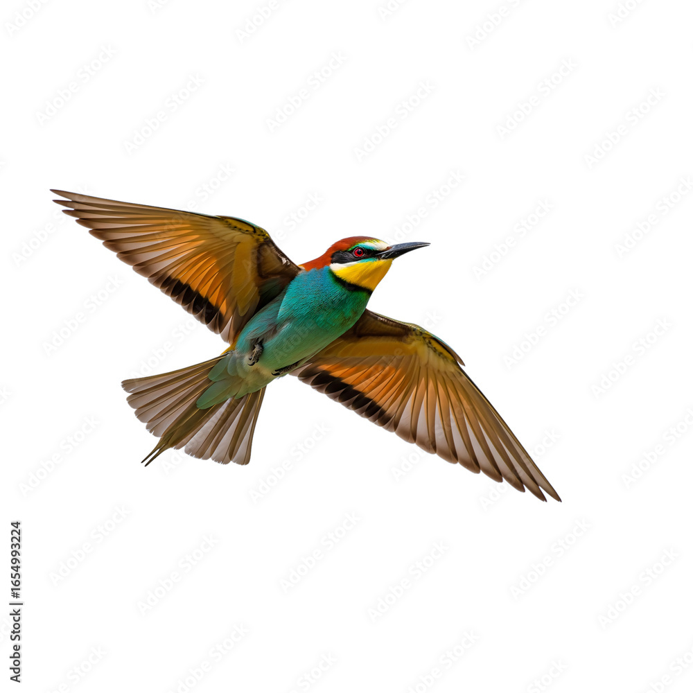 Fototapeta premium Colorful european bee eater bird in flight isolated on transparent background