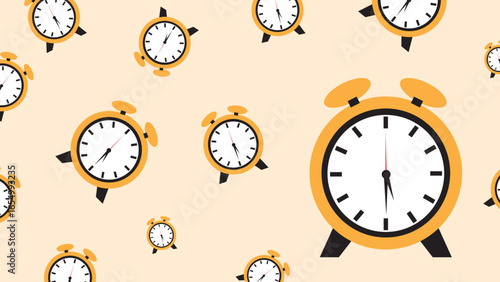 Yellow Alarm Clock Pattern Vector Illustration. Retro Vintage Timepiece in Flat Design, Symbolization of Time and Deadline.