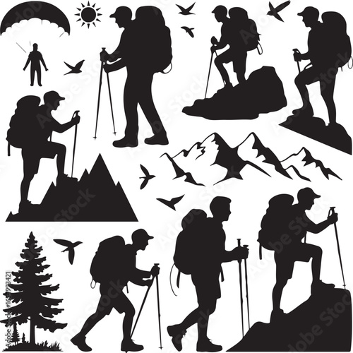 Silhouette collection of hikers with backpacks and trekking poles on white background hiking