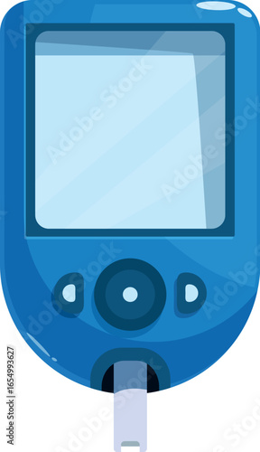 Blue glucometer with empty display and test strip inserted, aiding in blood glucose monitoring and diabetes control