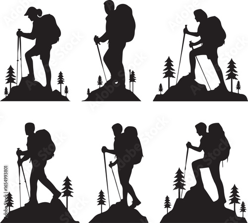 Six black silhouette hikers with backpacks and trekking poles on rocky terrain Keywords: hiker
