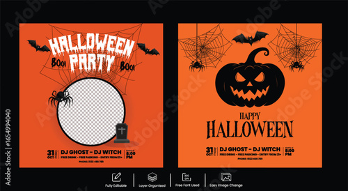 Halloween Night Party Social Media Post Templates – Editable Banner and Square Ads with Pumpkin, Bat, Spiderweb Illustration Background and Photo Space