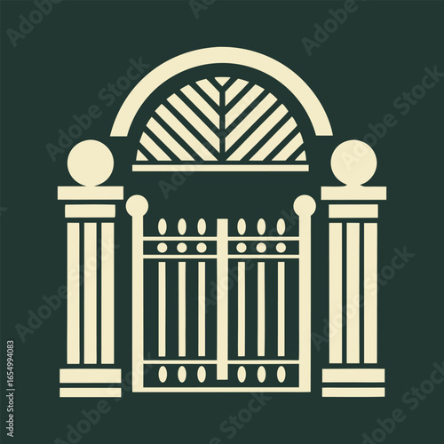 Ornate beige gate with arched top and columns on dark green background entrance architecture