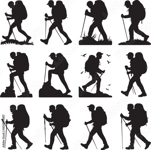 Twelve black silhouette hikers with backpacks and trekking poles on white background Keywords: hiker