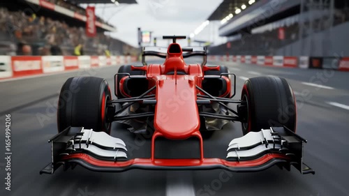 Red Formula One race car on a track with spectators in the background