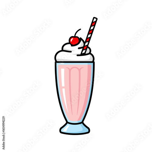 Illustration of a pink milkshake in a glass with whipped cream cherry and a striped straw on white