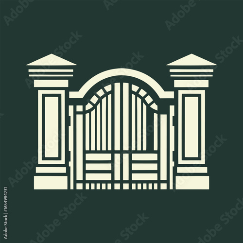 Ornate cream colored gate with arched top and decorative pillars on dark green background entrance