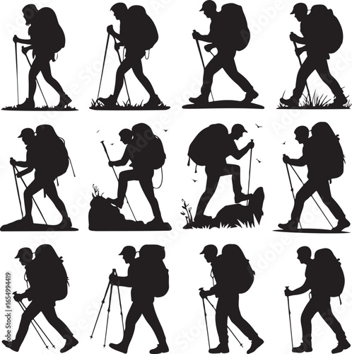 Silhouette hikers with backpacks and trekking poles on white background Keywords: hiking, trekking