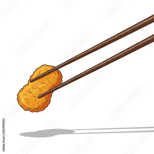 A single chicken nugget held by wooden chopsticks casting a shadow on a white background illustration