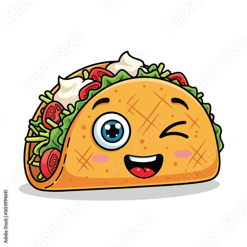 Cartoon taco character with a wink face expression filled with lettuce tomatoes and sour cream topping
