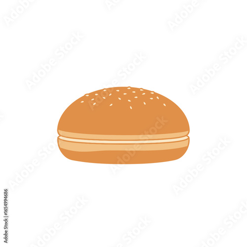 Illustration of a sesame seed burger bun with a light brown color on a white background plain style