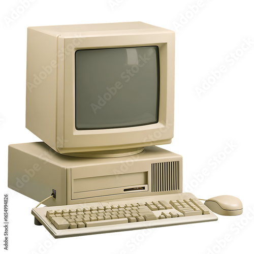 Beige vintage computer system with crt monitor and mouse isolated on a transparent background