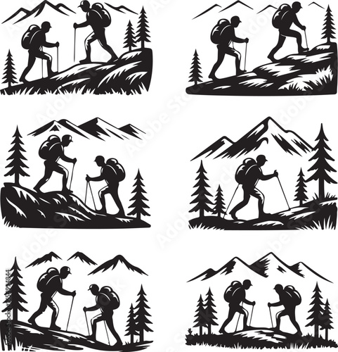 Silhouette hikers with backpacks and trekking poles climbing mountains Keywords: hiking, trekking