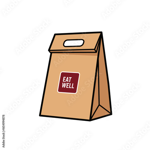 A cartoon illustration of a brown paper takeout bag with an eat well label on a white background