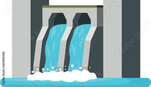 Water flowing through hydroelectric dam, generating renewable energy