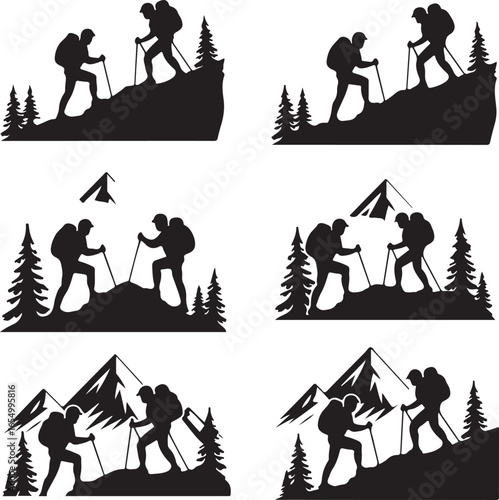 Six Silhouette Images of Hikers with Backpacks and Trekking Poles in Mountainous Terrain hiking