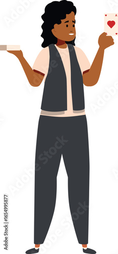 Young woman illusionist performing a card trick, holding an ace of hearts and gesturing with her other empty hand